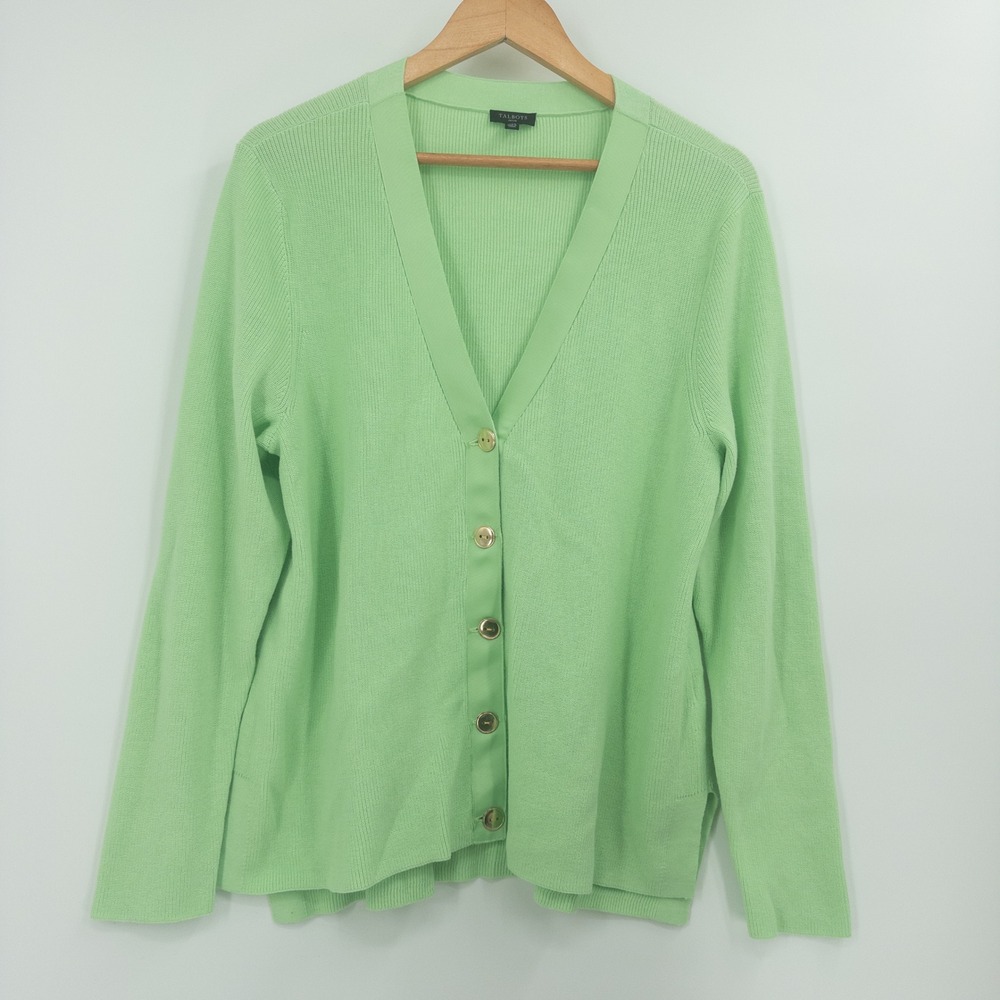 Talbots Cardigan Womens XLP Lime Green Grosgrain Trim V-Neck Preppy Classic Knit